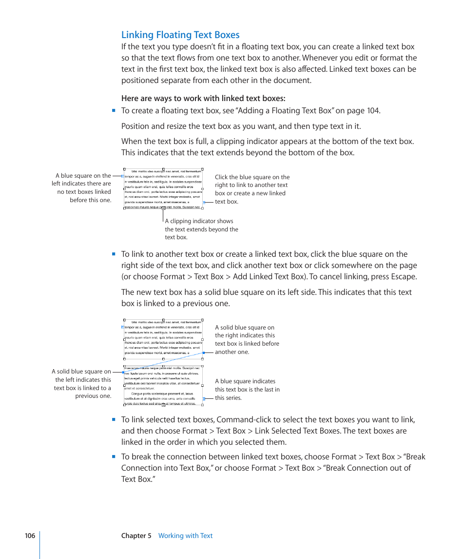 Linking floating text boxes, 106 f | Apple Pages '09 User Manual | Page 106 / 279