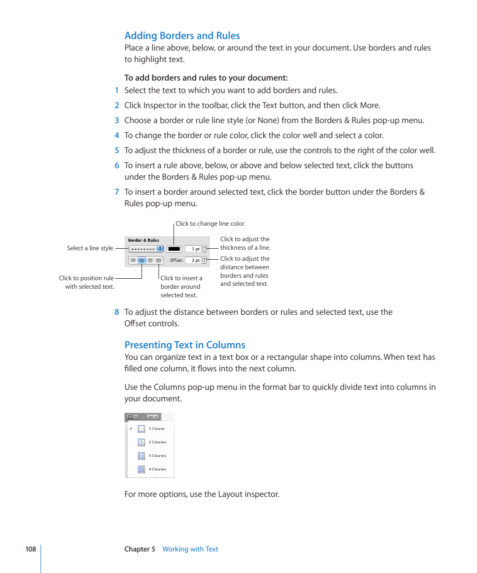 Adding borders and rules, Presenting text in columns | Apple Pages '09 User Manual | Page 108 / 279