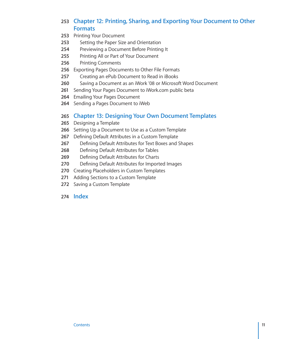 Chapter 13: designing your own document templates, Index | Apple Pages '09 User Manual | Page 11 / 279