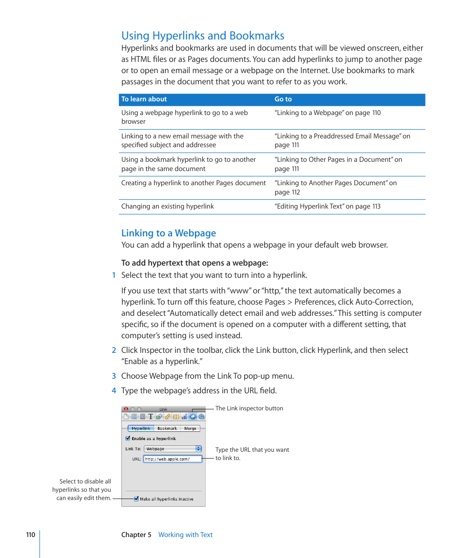 Using hyperlinks and bookmarks, 110 using hyperlinks and bookmarks 110, Linking to a webpage | Apple Pages '09 User Manual | Page 110 / 279