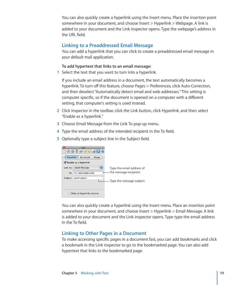 Linking to a preaddressed email message, Linking to other pages in a document | Apple Pages '09 User Manual | Page 111 / 279