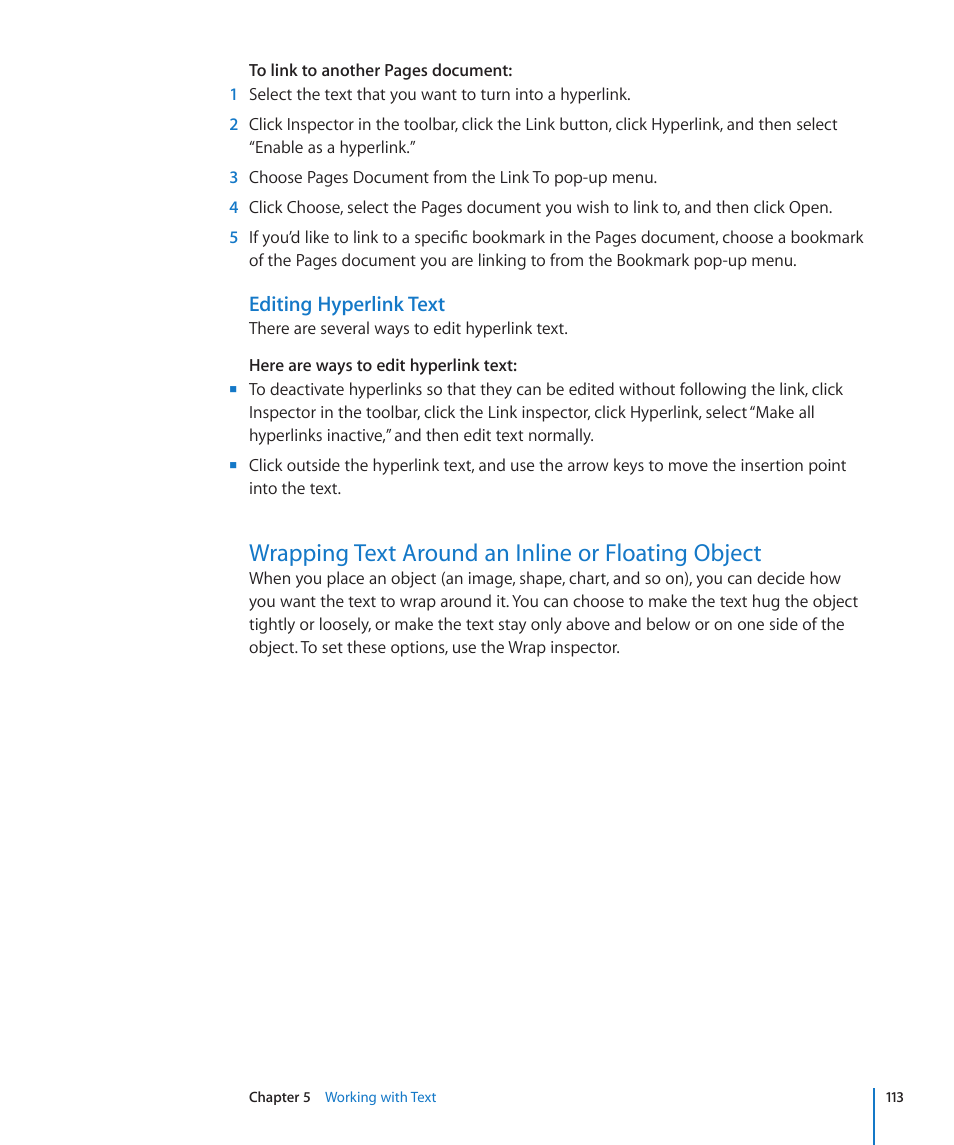 Editing hyperlink text, Wrapping text around an inline or floating object | Apple Pages '09 User Manual | Page 113 / 279