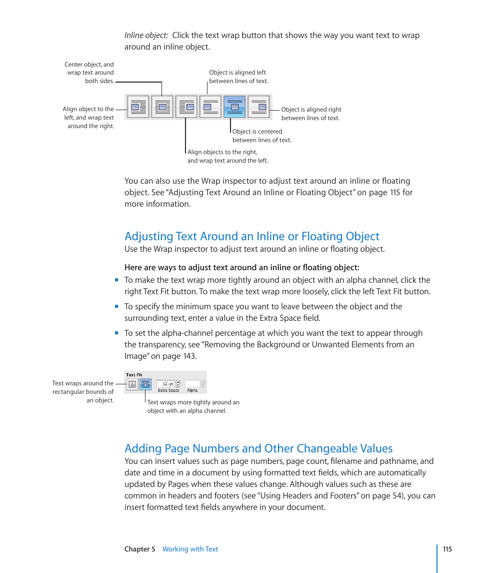 Adjusting text around an inline or floating object, Adding page numbers and other changeable values | Apple Pages '09 User Manual | Page 115 / 279