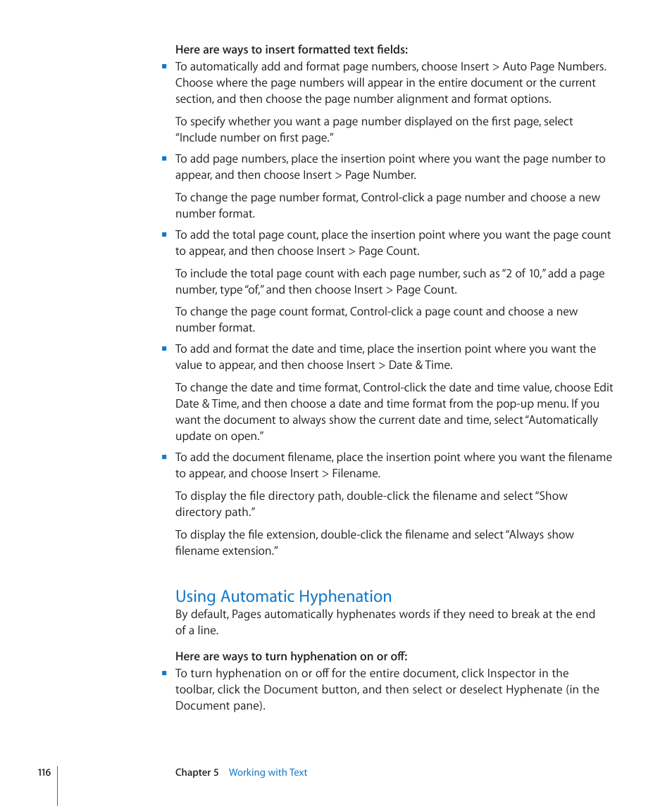 Using automatic hyphenation, 116 using automatic hyphenation | Apple Pages '09 User Manual | Page 116 / 279