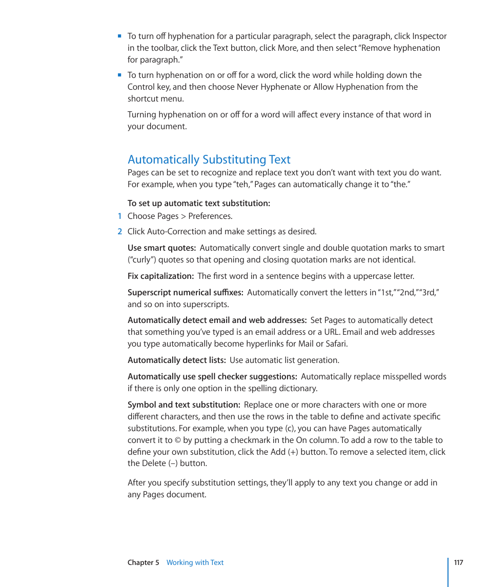 Automatically substituting text, 117 automatically substituting text | Apple Pages '09 User Manual | Page 117 / 279