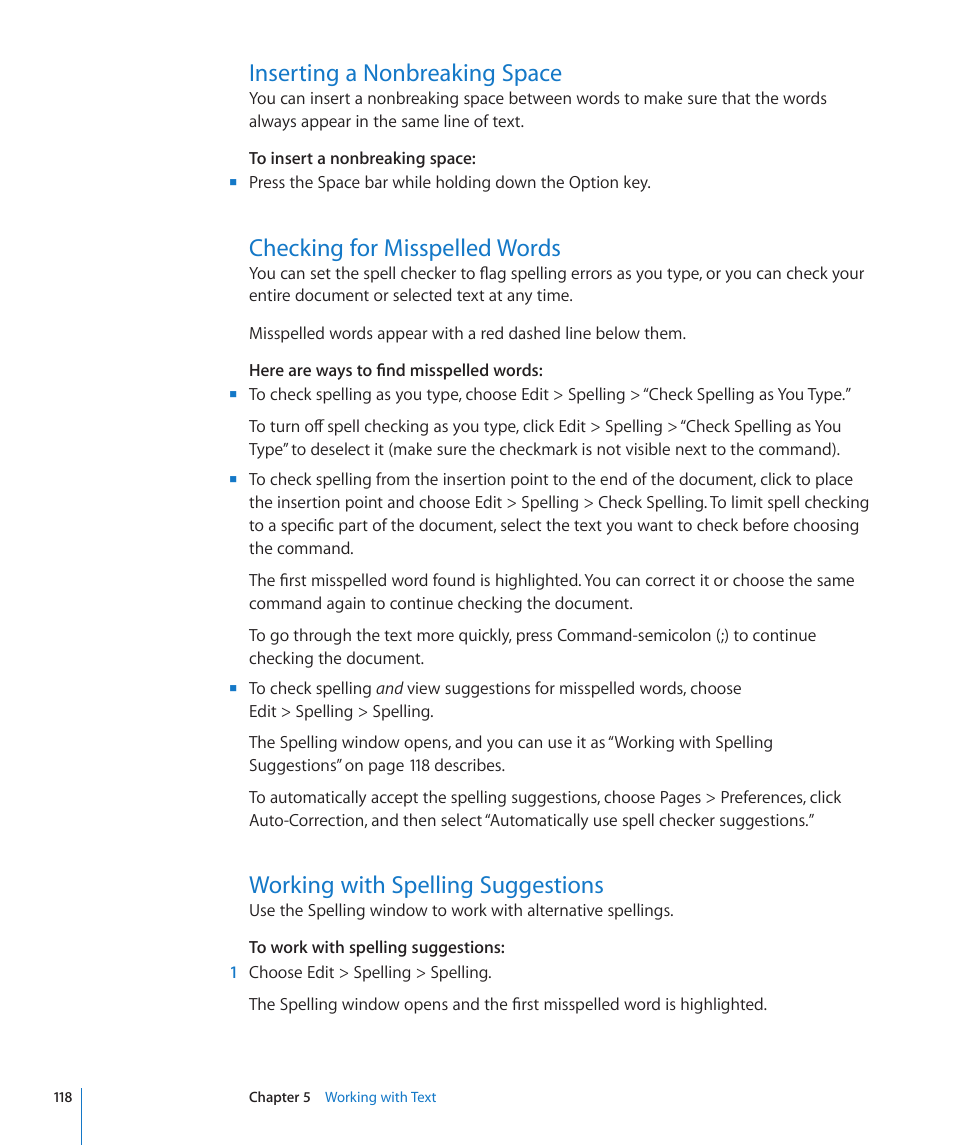 Inserting a nonbreaking space, Checking for misspelled words, Working with spelling suggestions | 118 working with spelling suggestions | Apple Pages '09 User Manual | Page 118 / 279