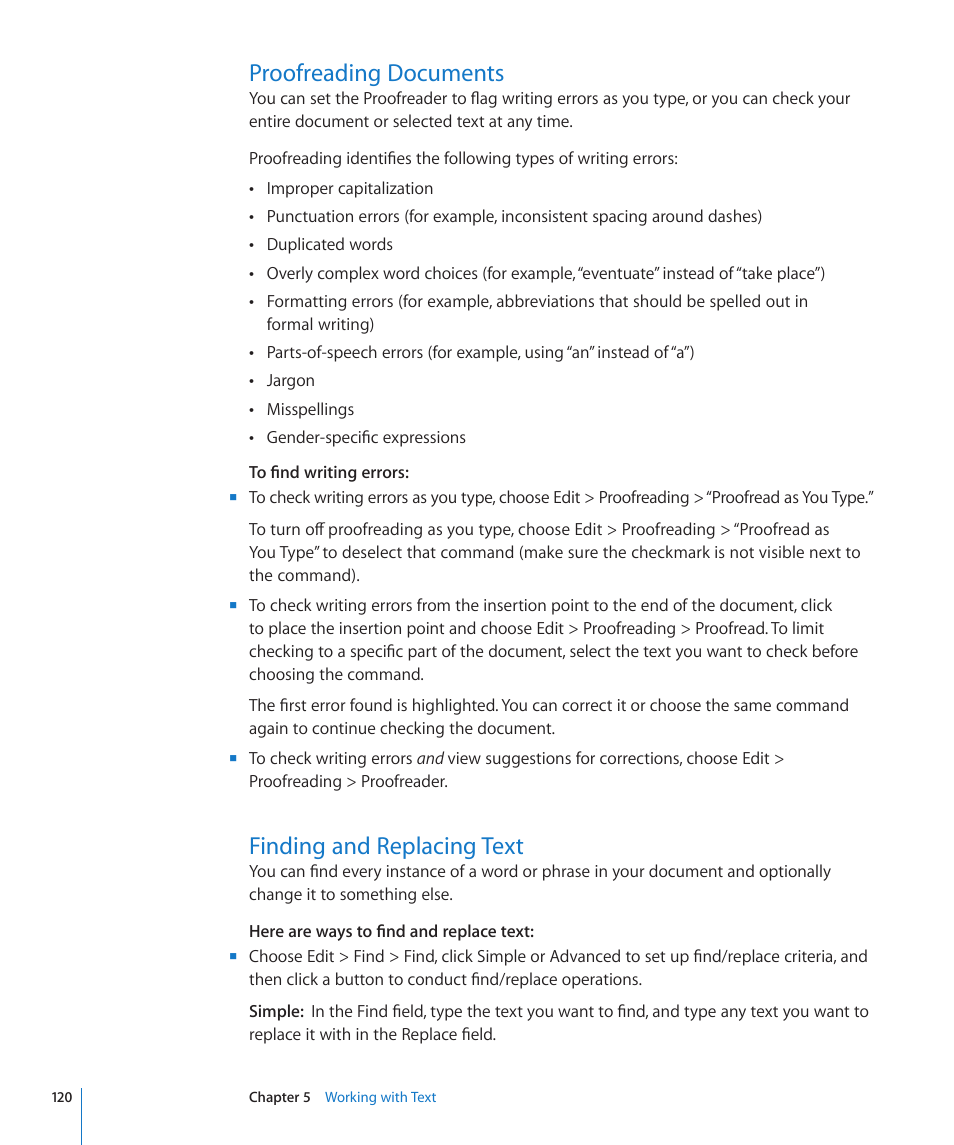 Proofreading documents, Finding and replacing text | Apple Pages '09 User Manual | Page 120 / 279