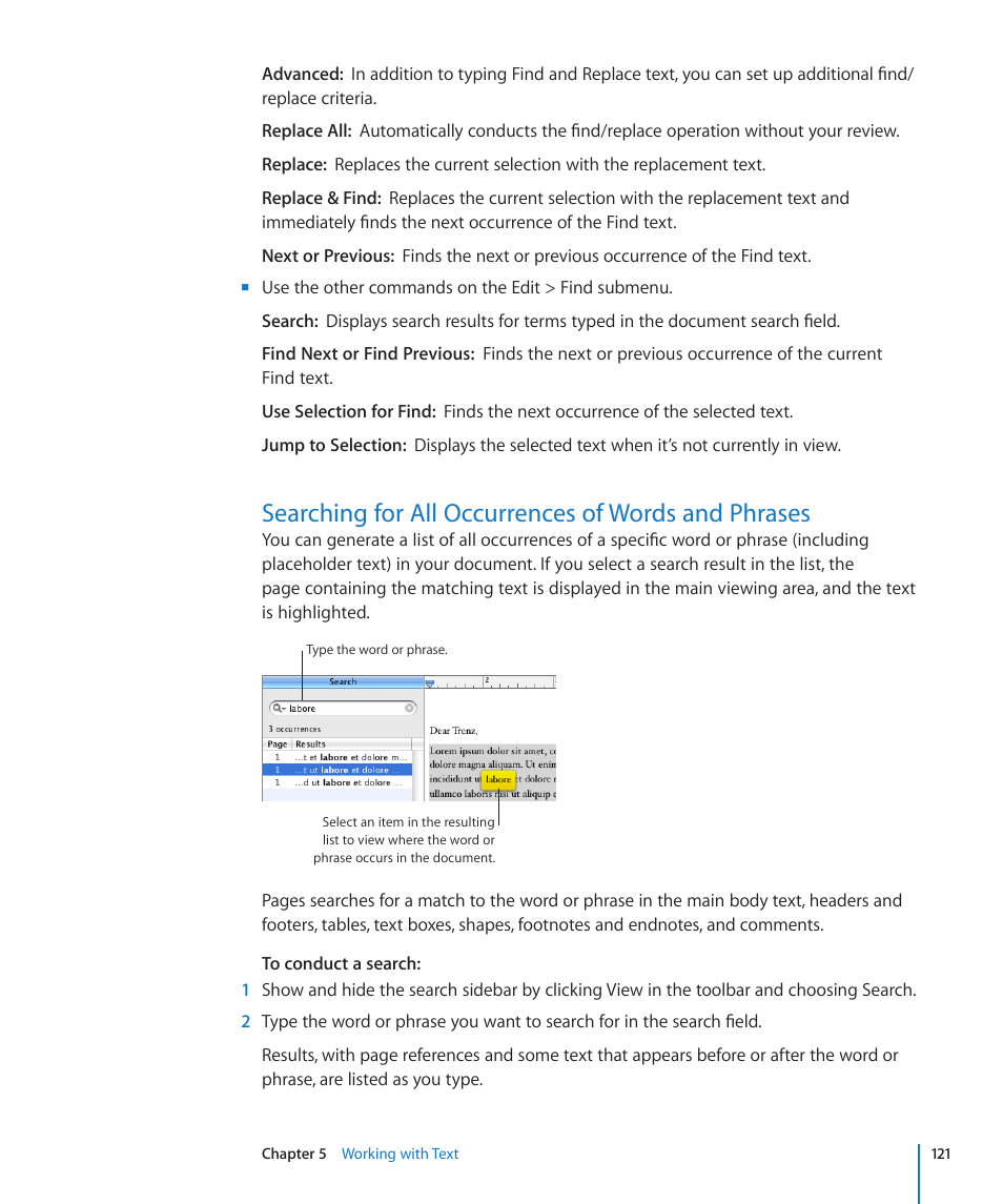 Searching for all occurrences of words and phrases | Apple Pages '09 User Manual | Page 121 / 279
