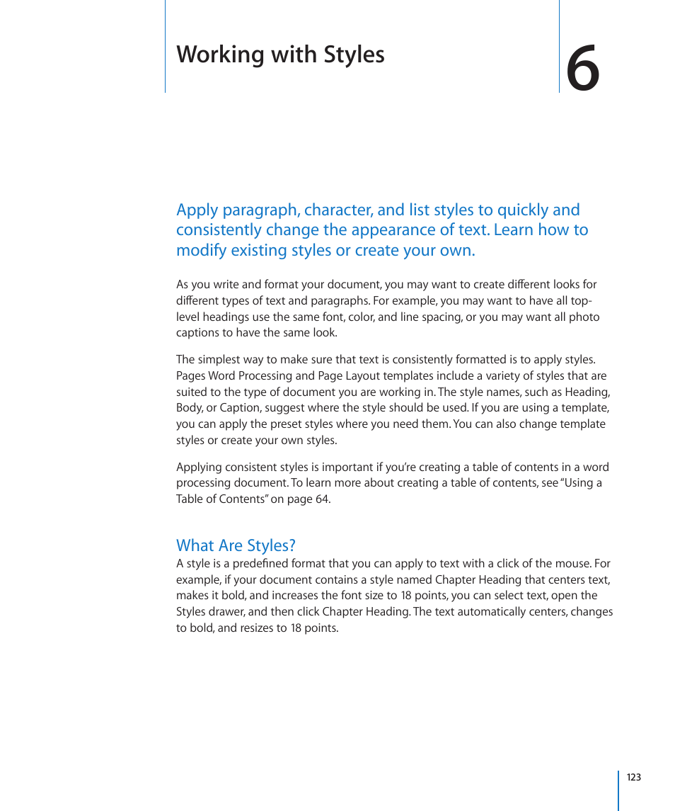 Chapter 6: working with styles, What are styles, Chapter 6: working with styles | 123 what are styles, Working with styles | Apple Pages '09 User Manual | Page 123 / 279