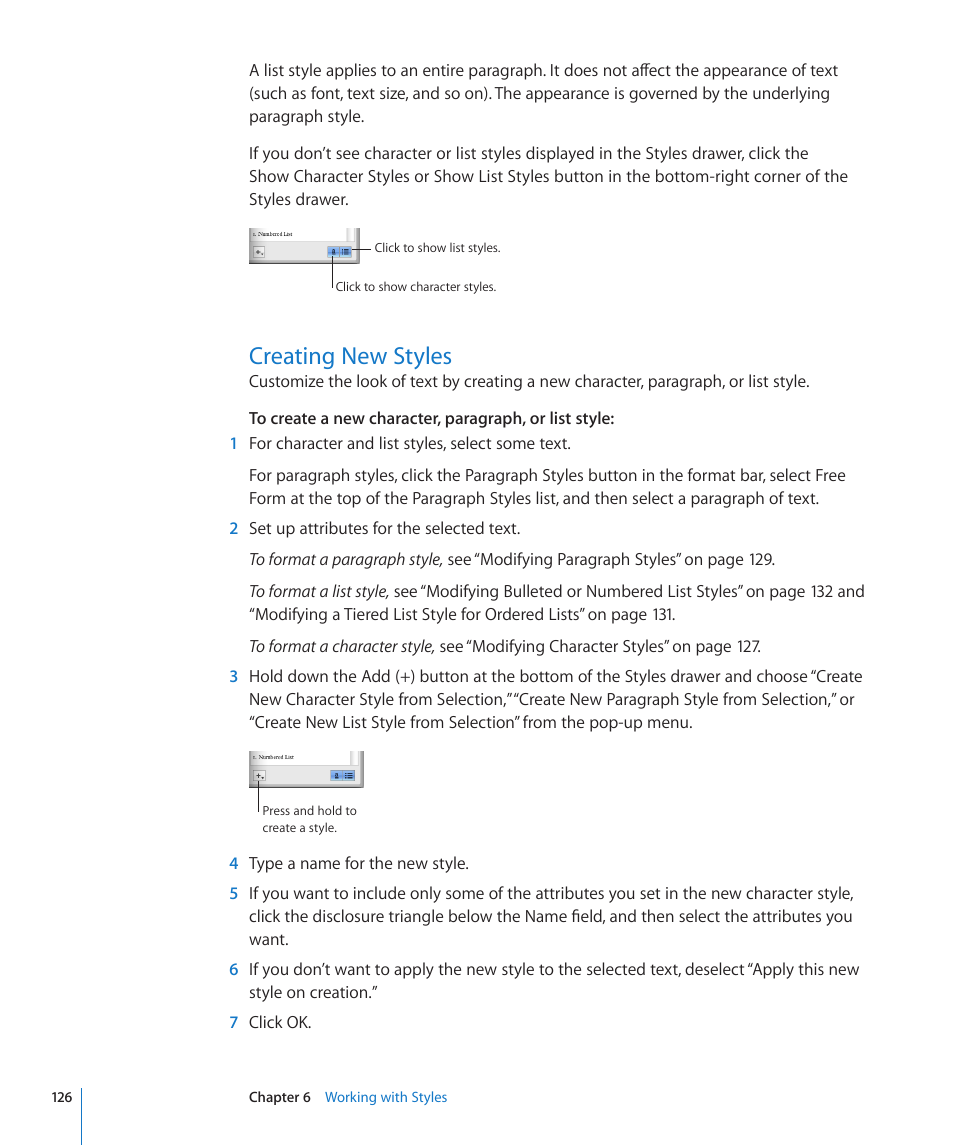 Creating new styles, 126 creating new styles | Apple Pages '09 User Manual | Page 126 / 279