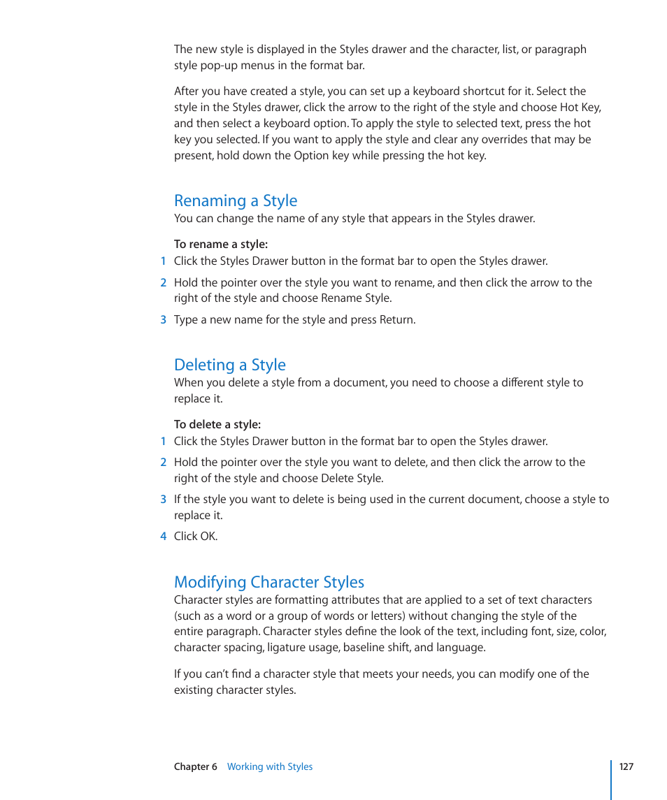 Renaming a style, Deleting a style, Modifying character styles | Apple Pages '09 User Manual | Page 127 / 279