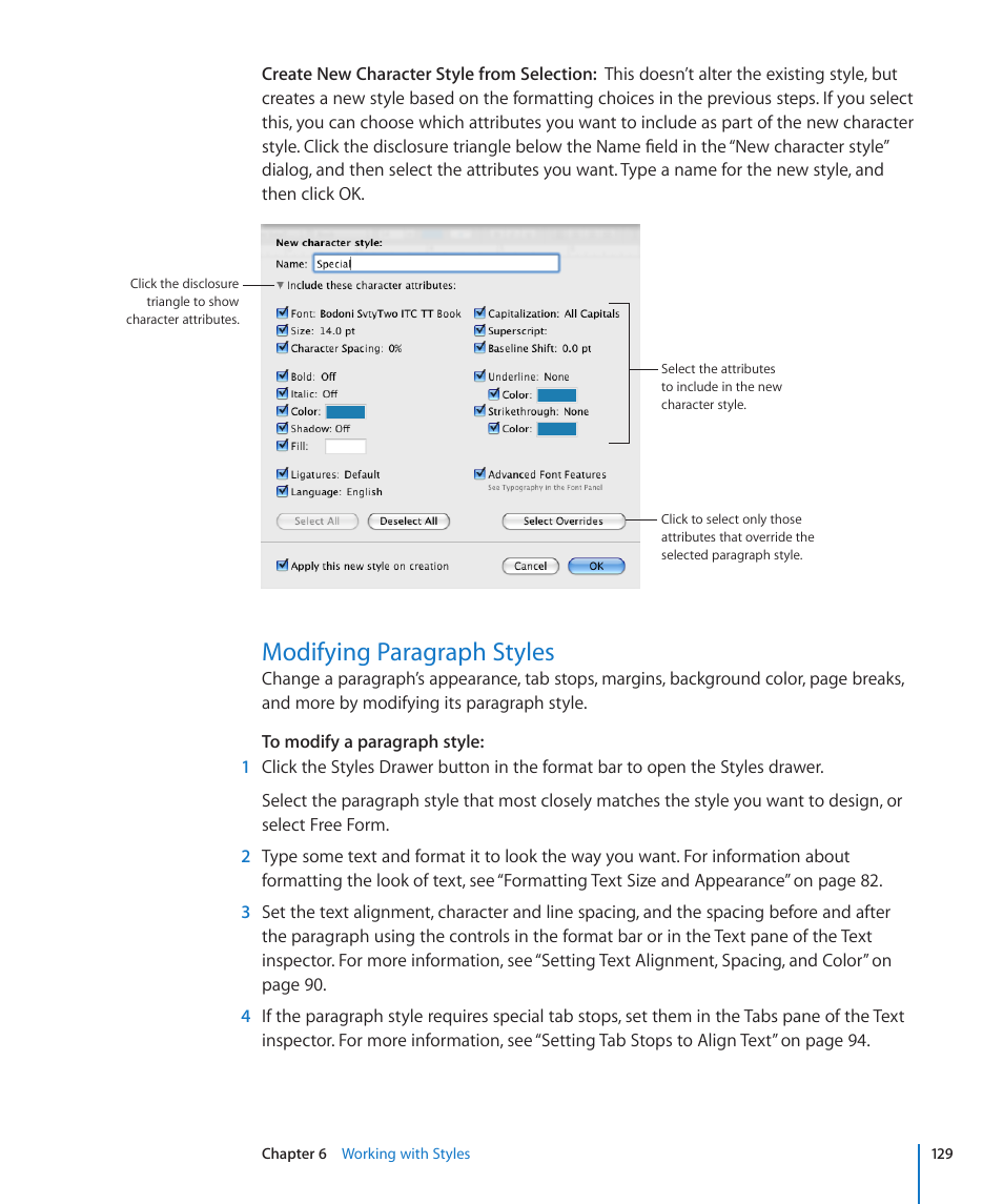 Modifying paragraph styles, 129 modifying paragraph styles | Apple Pages '09 User Manual | Page 129 / 279