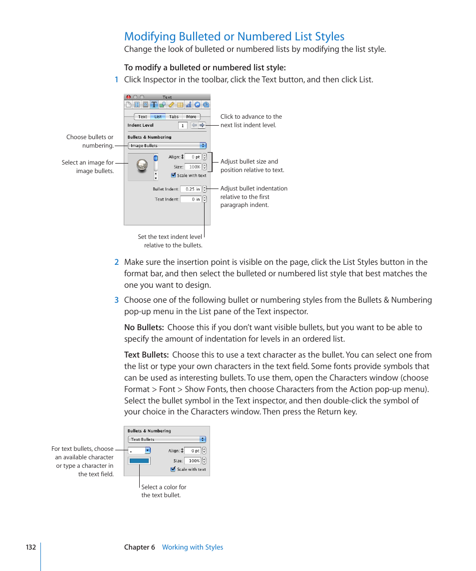 Modifying bulleted or numbered list styles, 132 modifying bulleted or numbered list styles | Apple Pages '09 User Manual | Page 132 / 279
