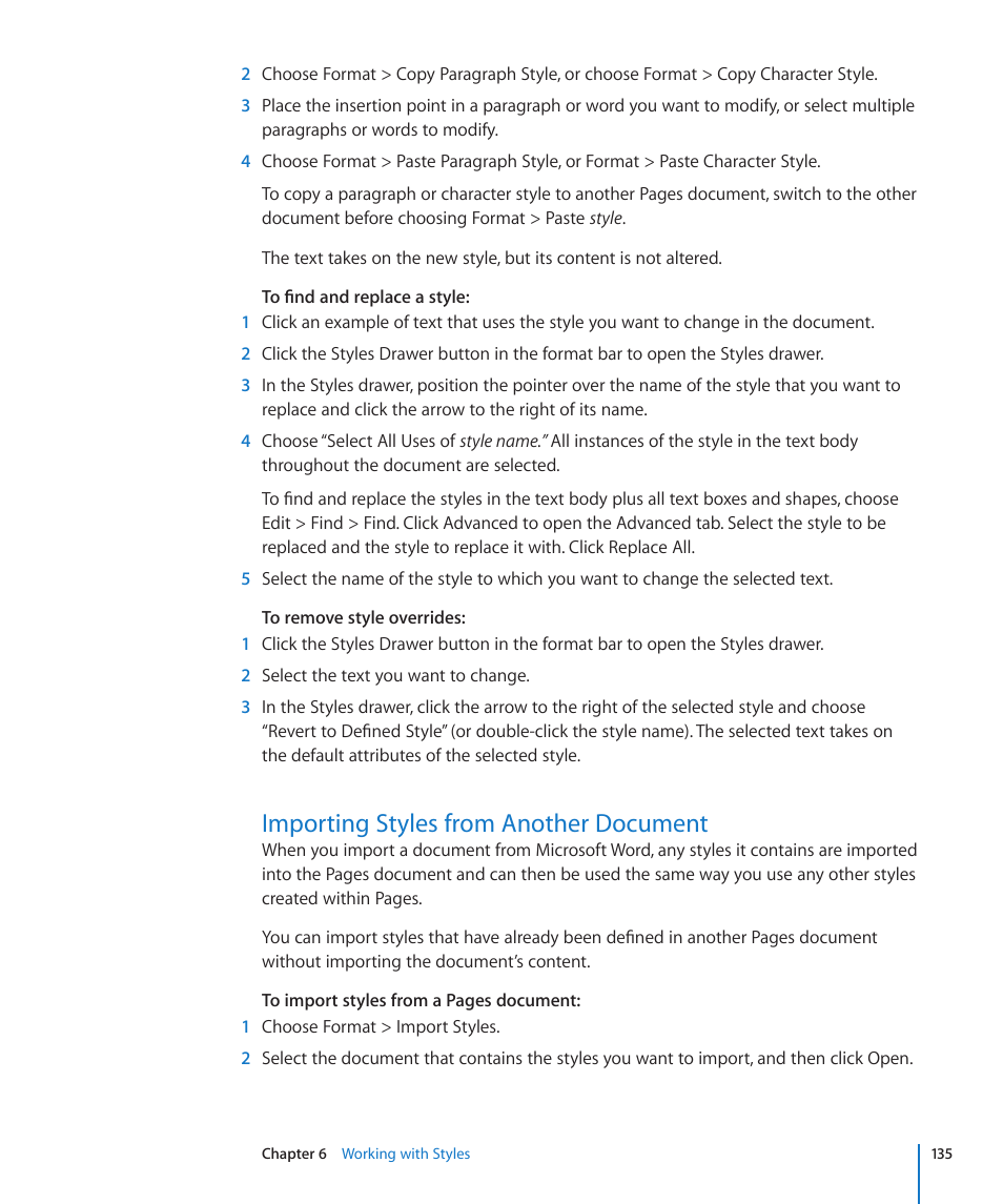 Importing styles from another document, 135 importing styles from another document | Apple Pages '09 User Manual | Page 135 / 279