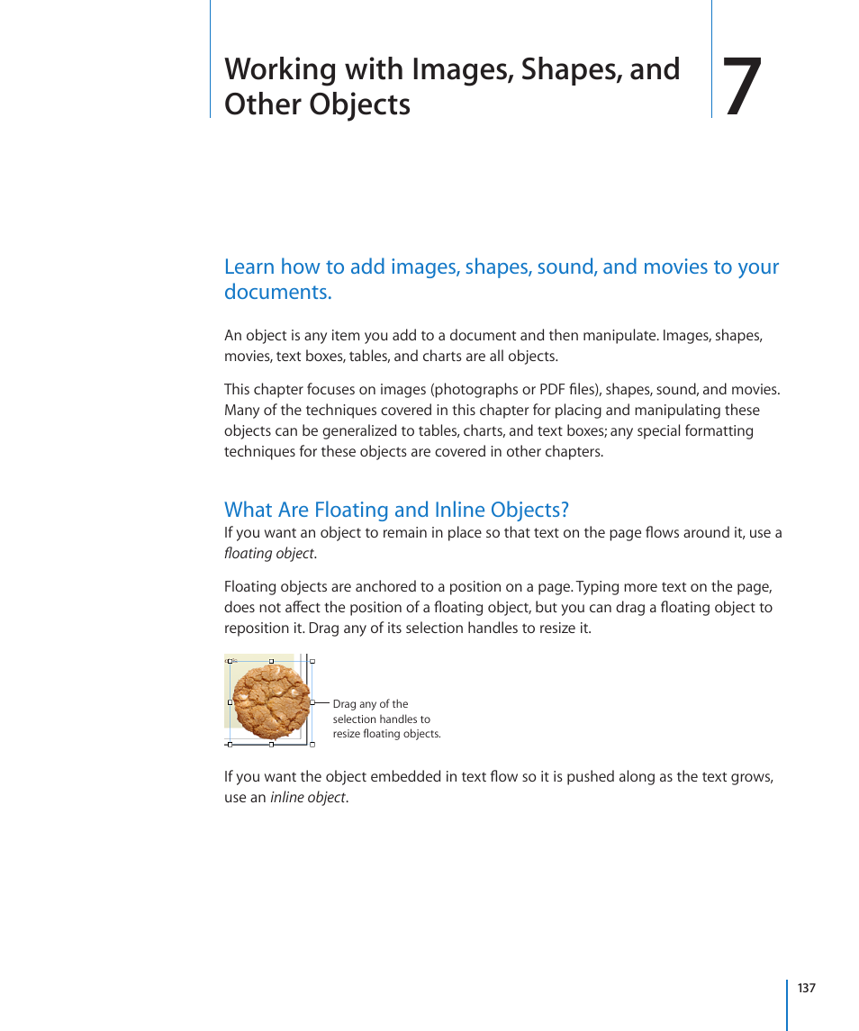 What are floating and inline objects, 137 what are floating and inline objects, Working with images, shapes, and other objects | Apple Pages '09 User Manual | Page 137 / 279