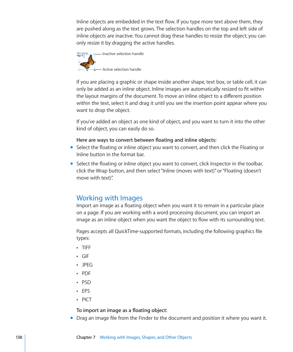 Working with images, 138 working with images | Apple Pages '09 User Manual | Page 138 / 279