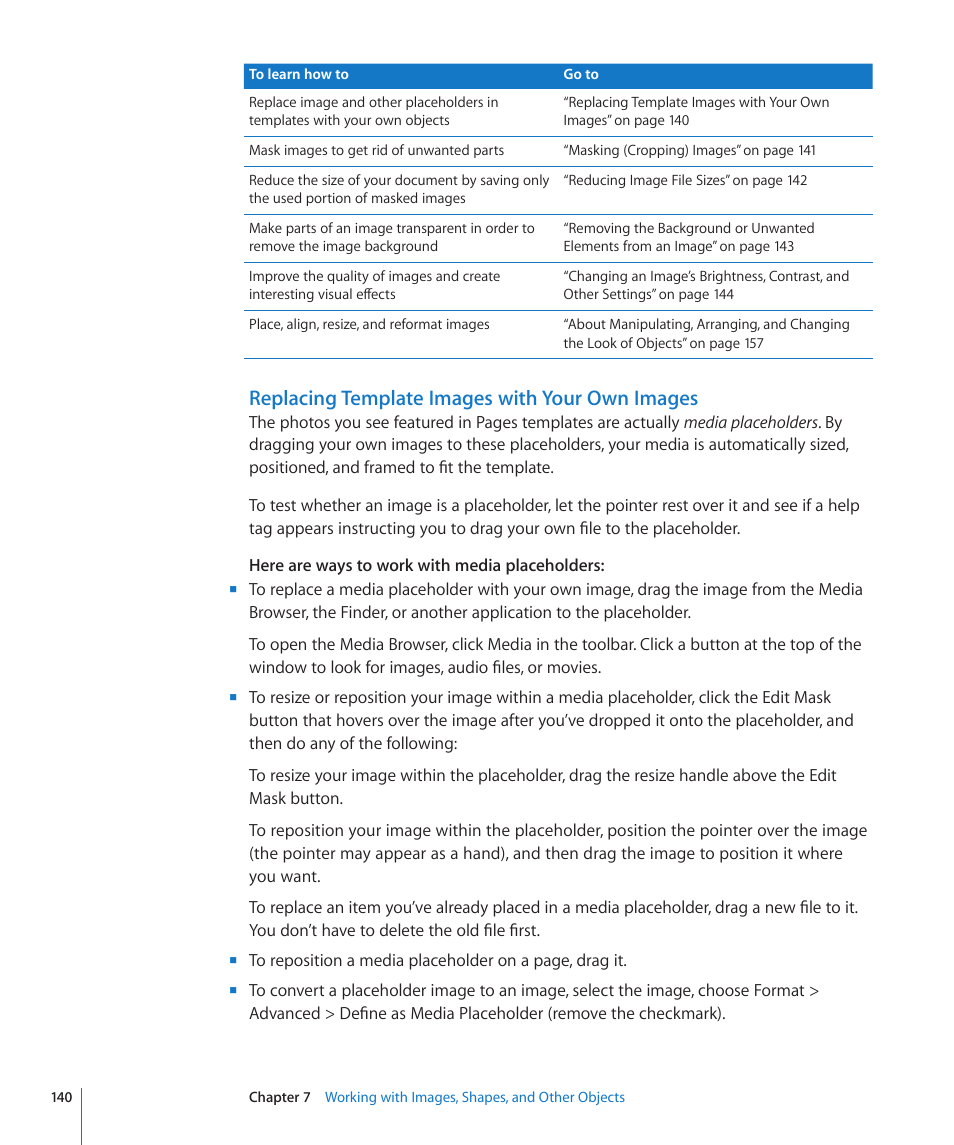 Replacing template images with your own images | Apple Pages '09 User Manual | Page 140 / 279
