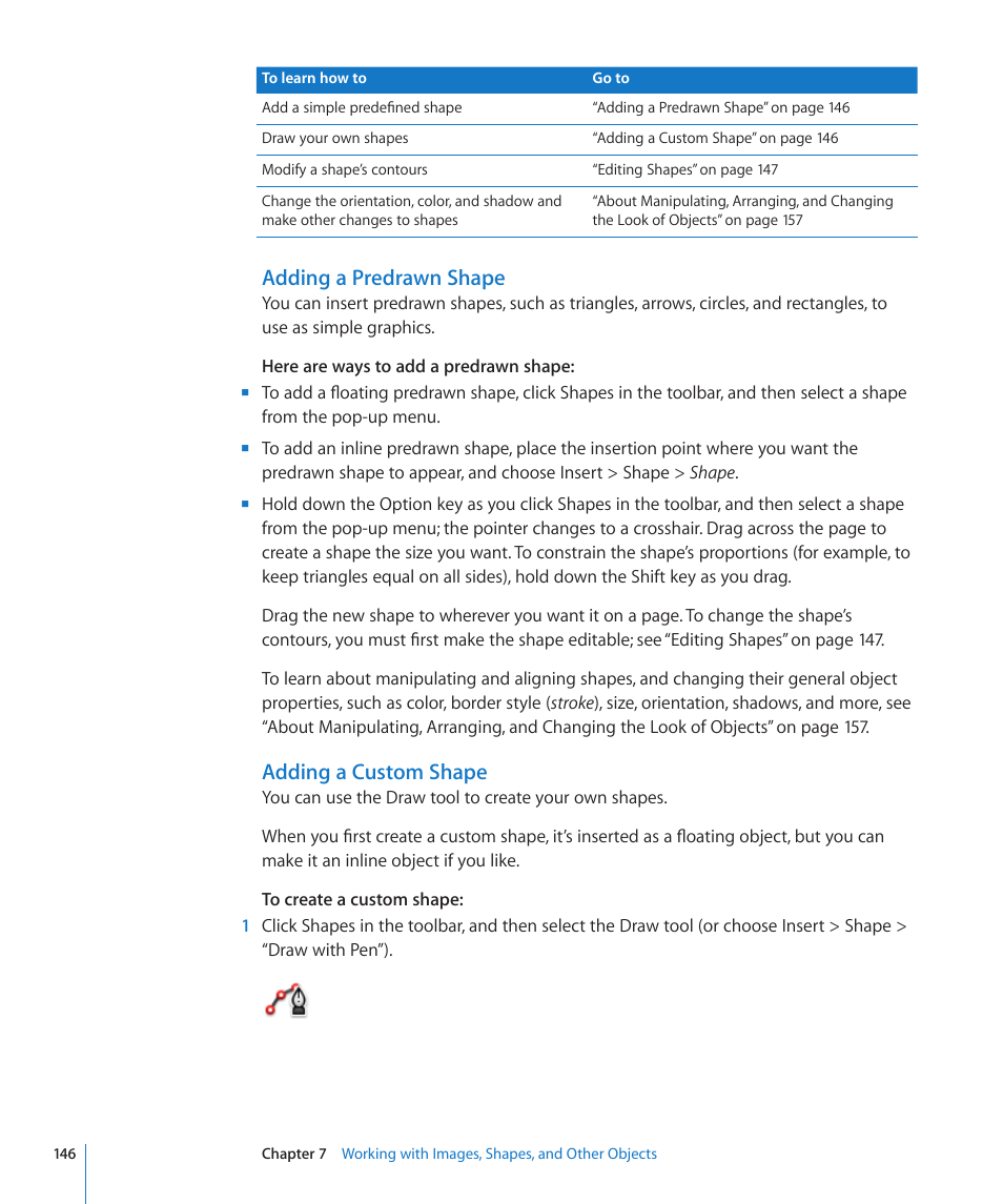 Adding a predrawn shape, Adding a custom shape | Apple Pages '09 User Manual | Page 146 / 279