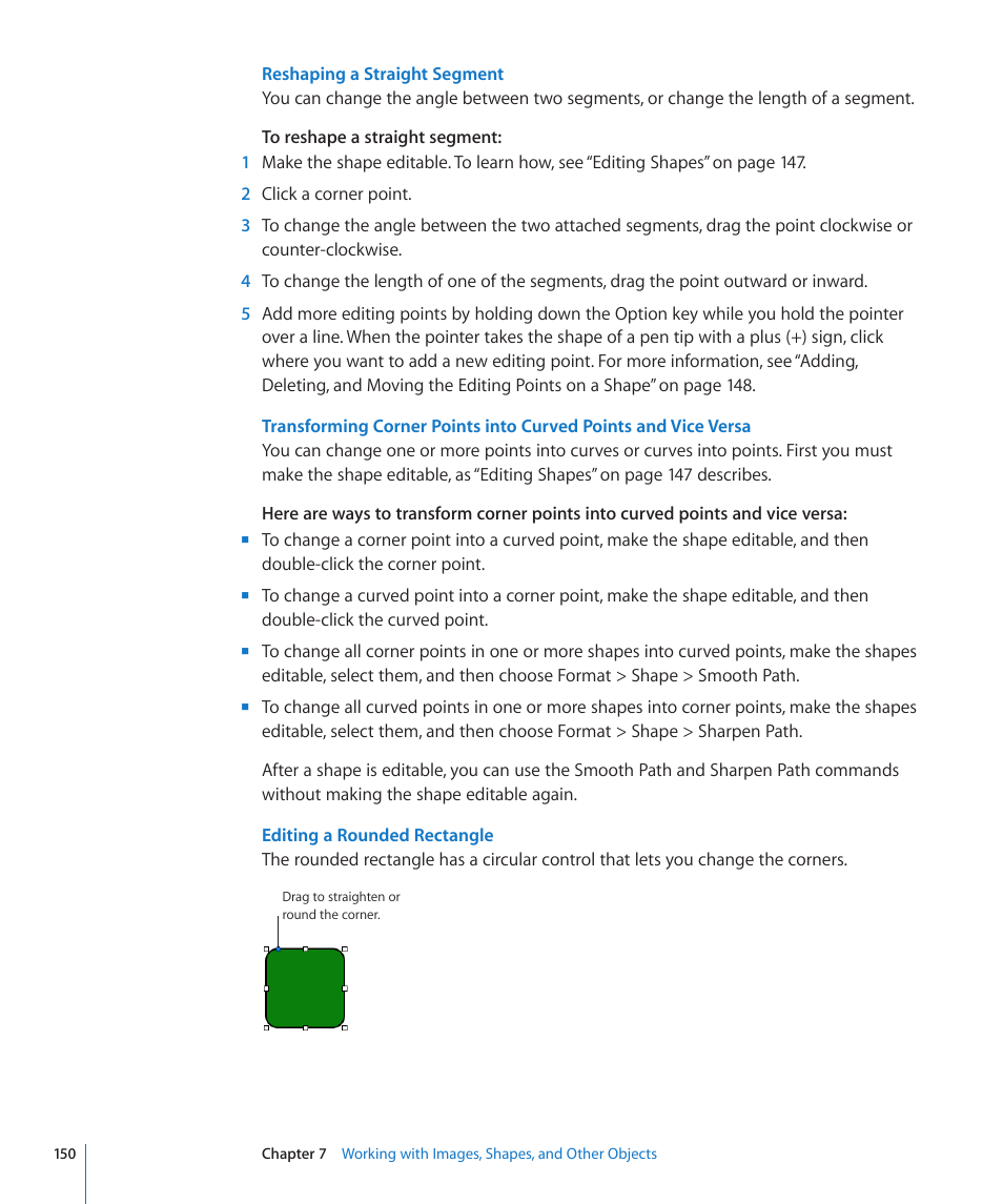 Reshaping a straight segment, Editing a rounded rectangle | Apple Pages '09 User Manual | Page 150 / 279