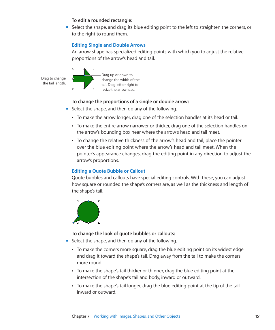 Editing single and double arrows, Editing a quote bubble or callout | Apple Pages '09 User Manual | Page 151 / 279