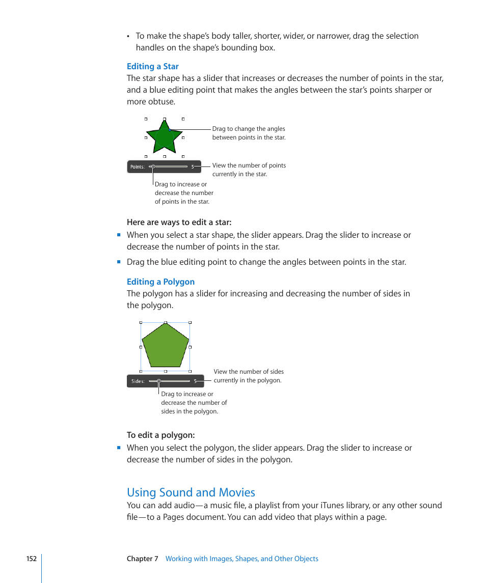 Editing a star, Editing a polygon, Using sound and movies | 152 using sound and movies | Apple Pages '09 User Manual | Page 152 / 279