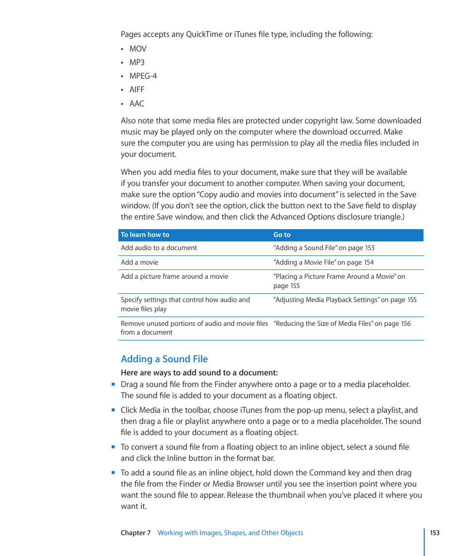 Adding a sound file | Apple Pages '09 User Manual | Page 153 / 279