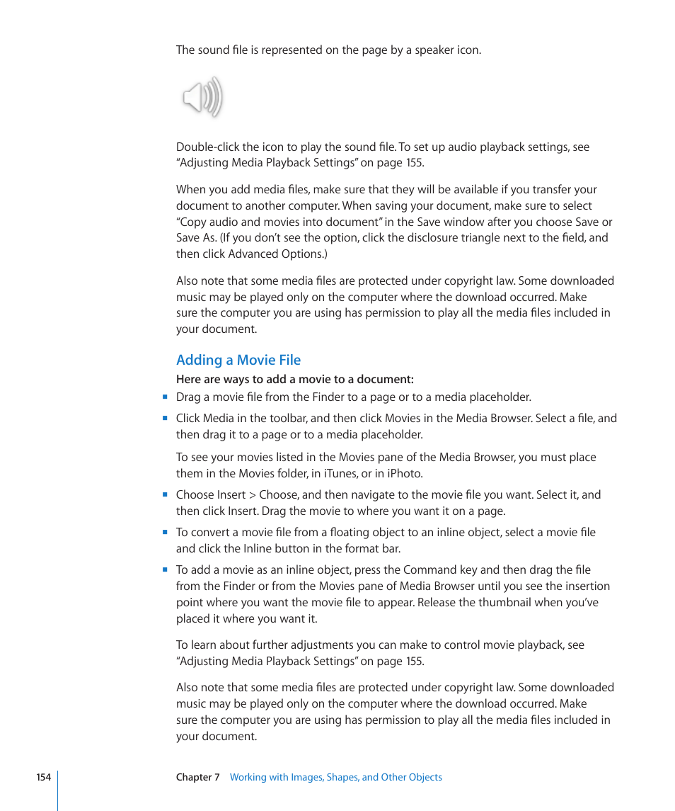 Adding a movie file | Apple Pages '09 User Manual | Page 154 / 279