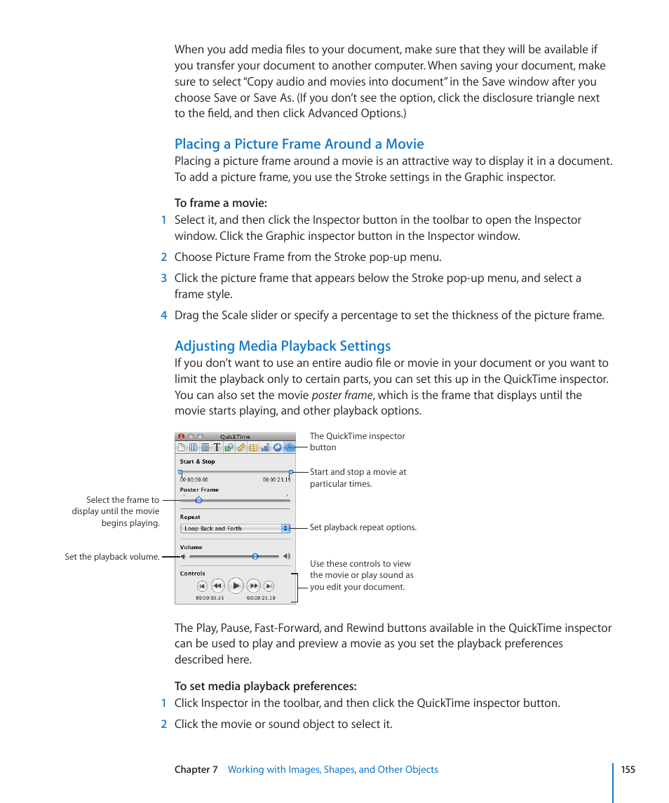 Placing a picture frame around a movie, Adjusting media playback settings | Apple Pages '09 User Manual | Page 155 / 279