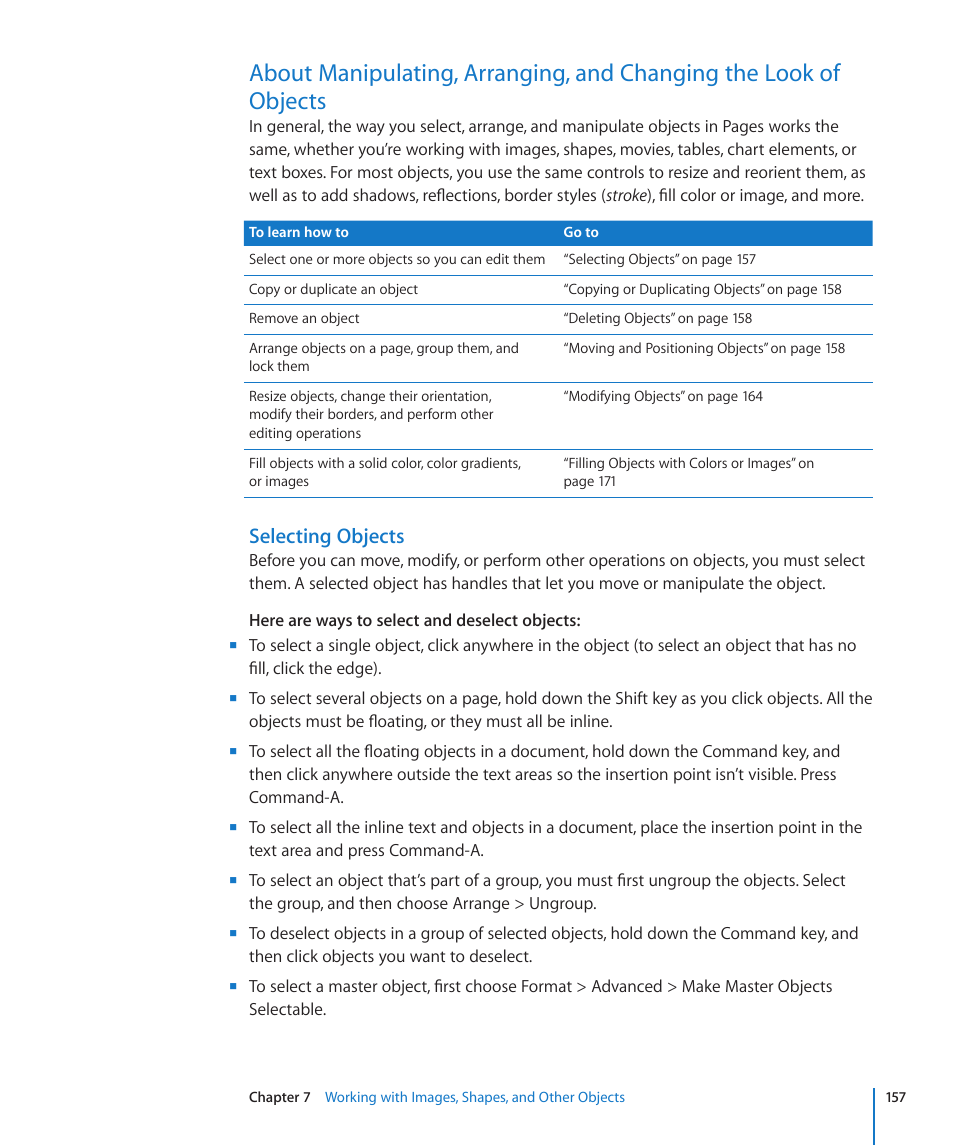 Selecting objects | Apple Pages '09 User Manual | Page 157 / 279