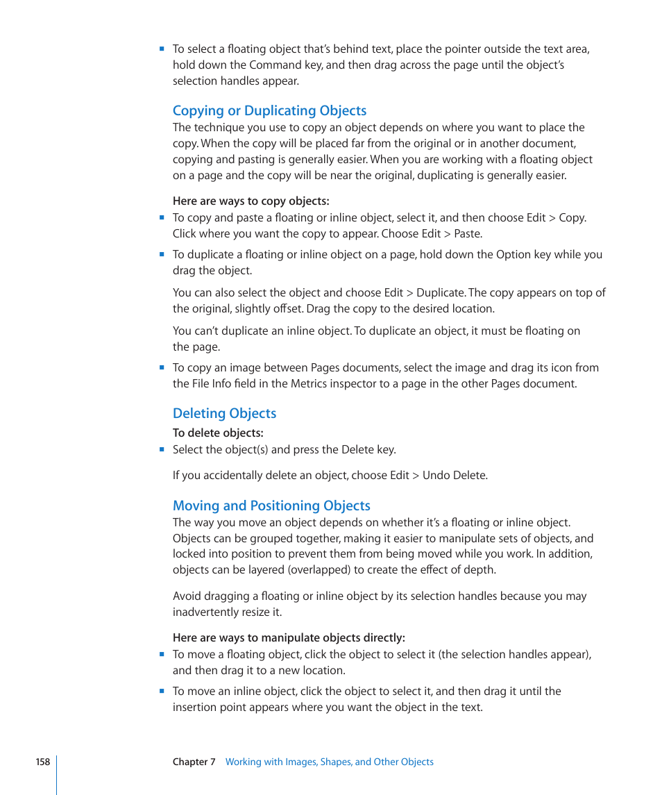 Copying or duplicating objects, Deleting objects, Moving and positioning objects | Apple Pages '09 User Manual | Page 158 / 279