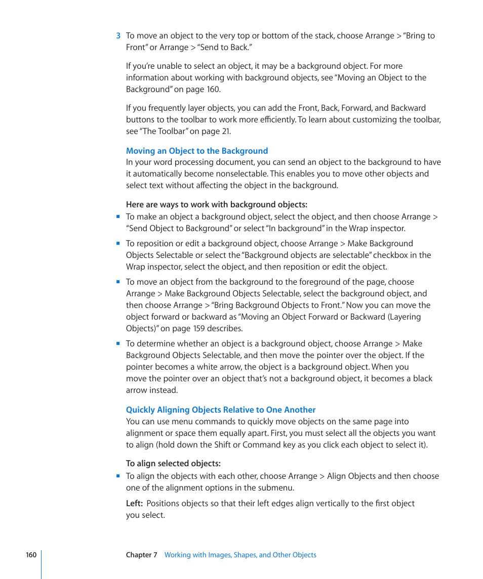 Moving an object to the background, Quickly aligning objects relative to one another | Apple Pages '09 User Manual | Page 160 / 279