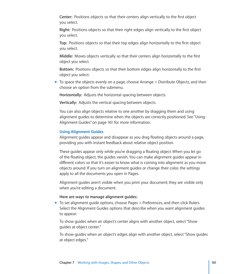 Using alignment guides, 161 f | Apple Pages '09 User Manual | Page 161 / 279