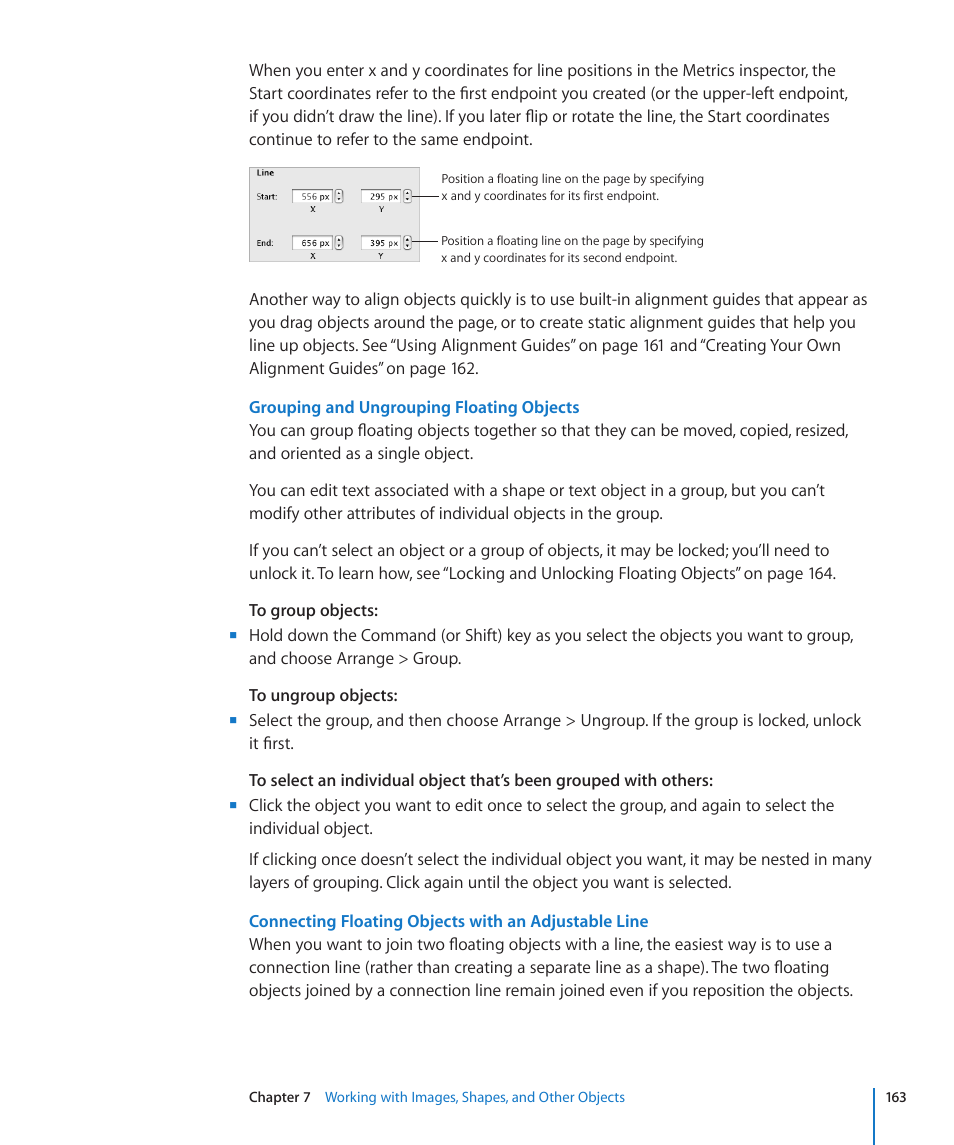 Grouping and ungrouping floating objects, 163 f | Apple Pages '09 User Manual | Page 163 / 279