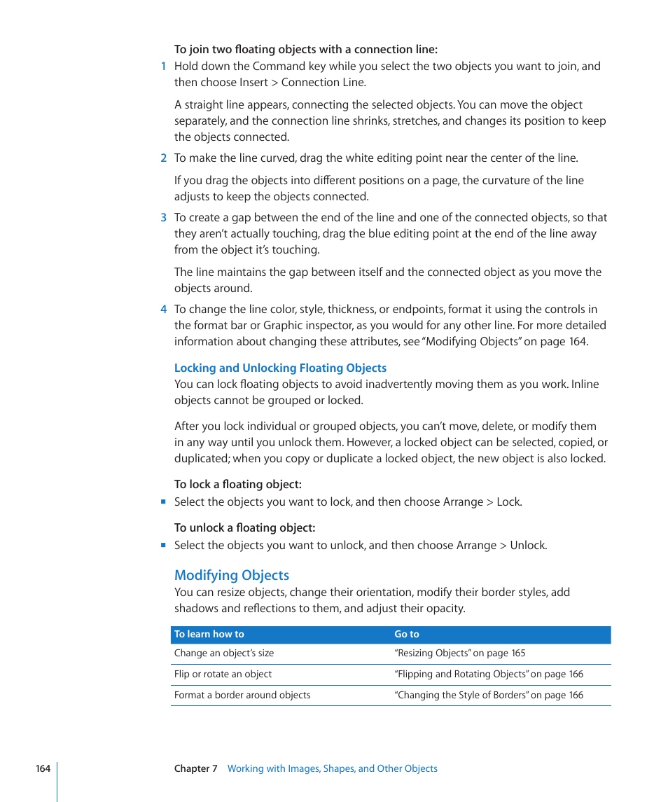Locking and unlocking floating objects, Modifying objects | Apple Pages '09 User Manual | Page 164 / 279
