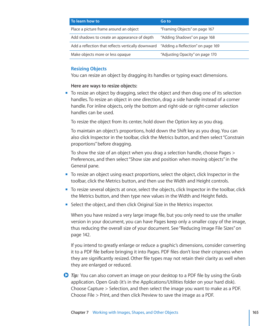 Resizing objects | Apple Pages '09 User Manual | Page 165 / 279