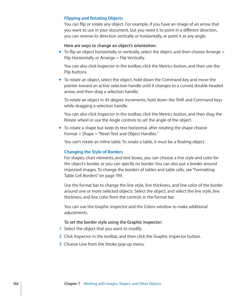 Flipping and rotating objects, Changing the style of borders | Apple Pages '09 User Manual | Page 166 / 279