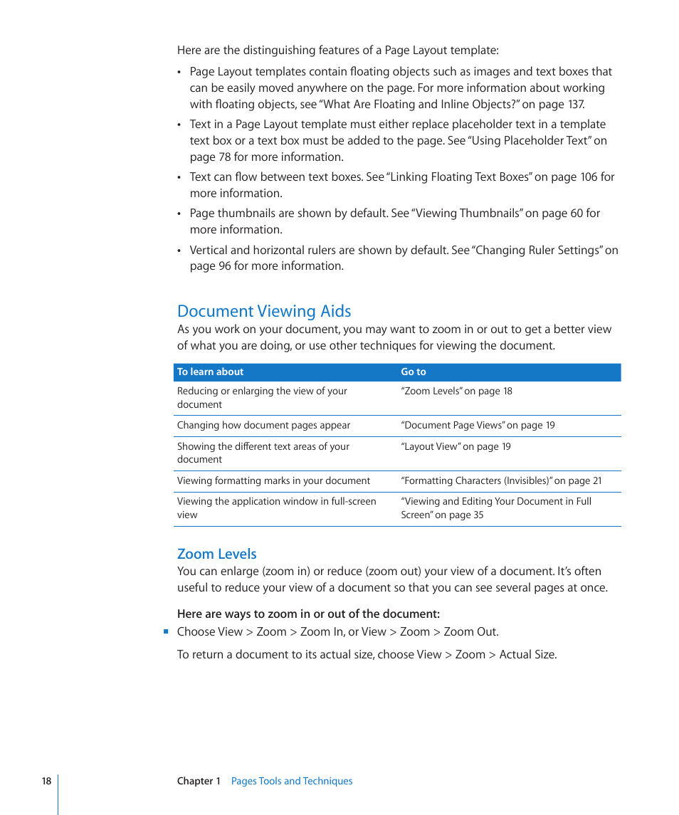 Document viewing aids, Zoom levels | Apple Pages '09 User Manual | Page 18 / 279