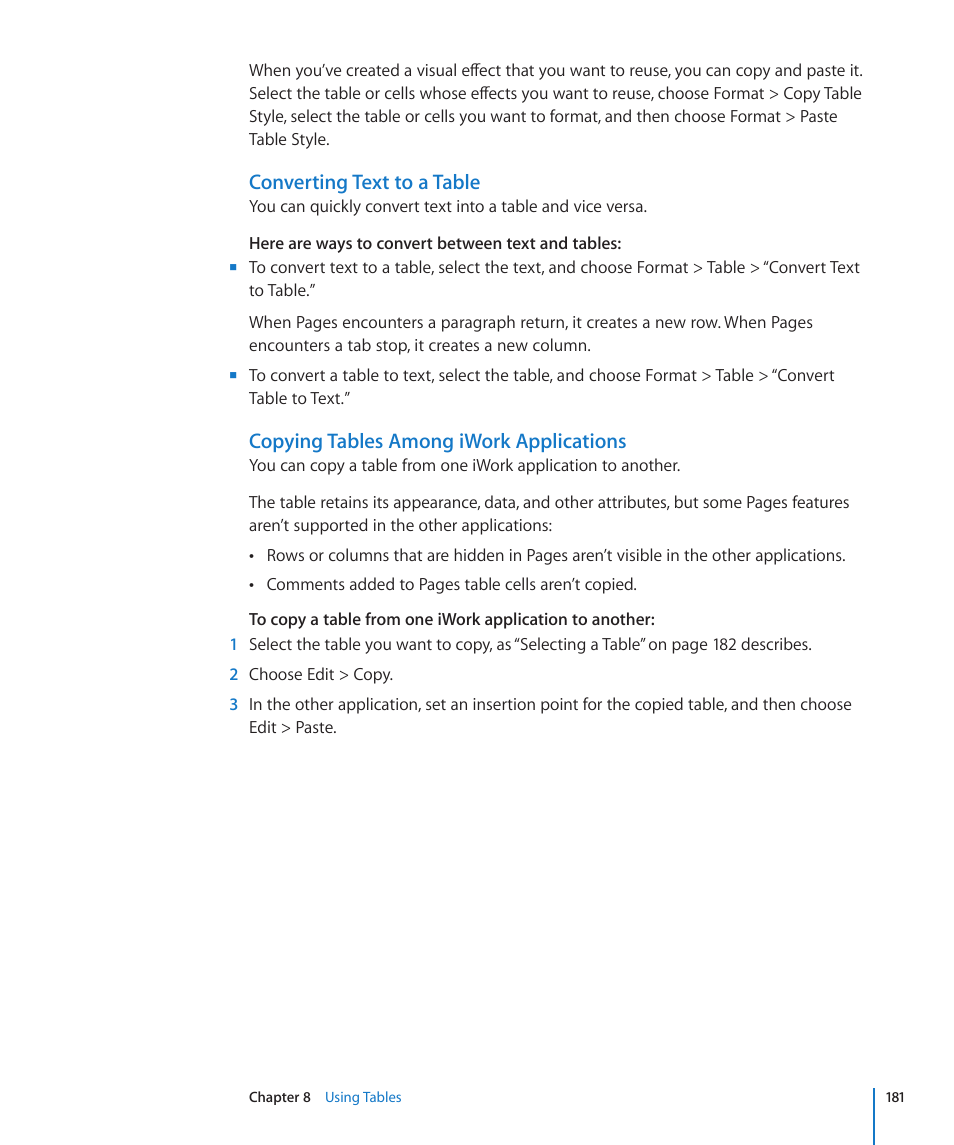 Converting text to a table, Copying tables among iwork applications | Apple Pages '09 User Manual | Page 181 / 279