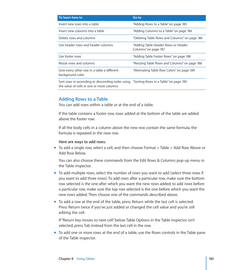 Adding rows to a table | Apple Pages '09 User Manual | Page 185 / 279