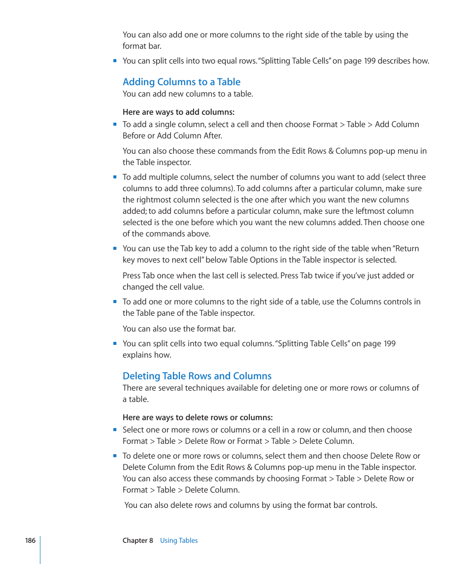 Adding columns to a table, Deleting table rows and columns | Apple Pages '09 User Manual | Page 186 / 279