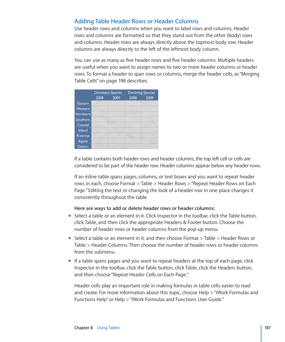 Adding table header rows or header columns | Apple Pages '09 User Manual | Page 187 / 279