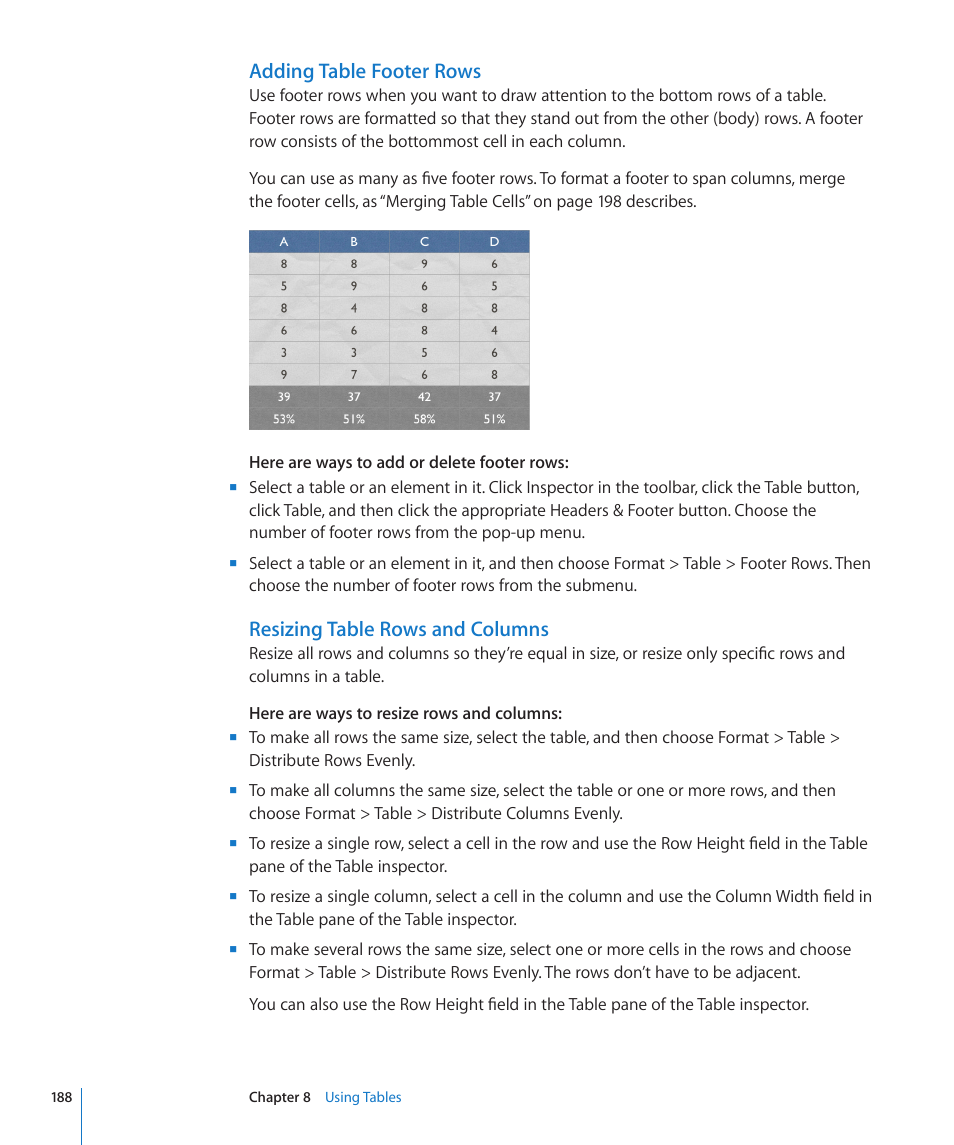 Adding table footer rows, Resizing table rows and columns, Resizing table rows | And columns | Apple Pages '09 User Manual | Page 188 / 279