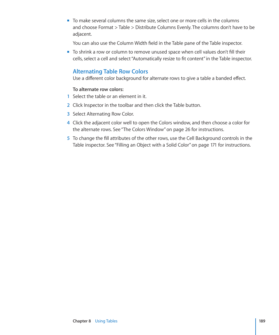 Alternating table row colors | Apple Pages '09 User Manual | Page 189 / 279