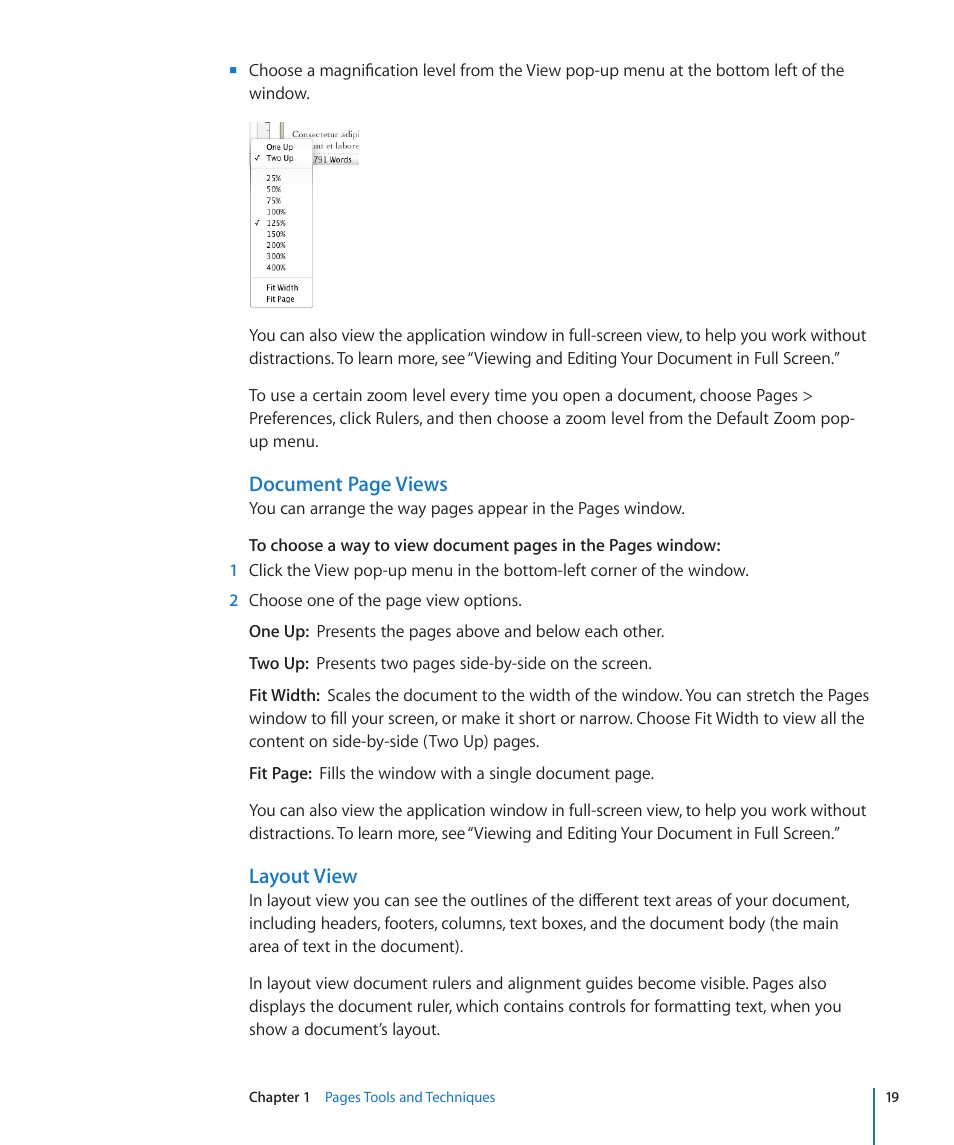 Layout view, Document page views | Apple Pages '09 User Manual | Page 19 / 279