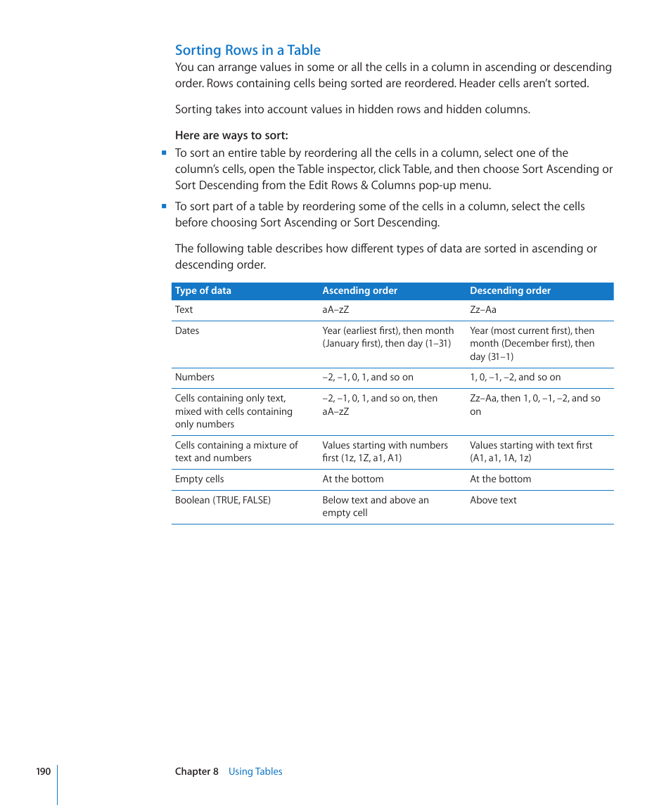 Sorting rows in a table | Apple Pages '09 User Manual | Page 190 / 279