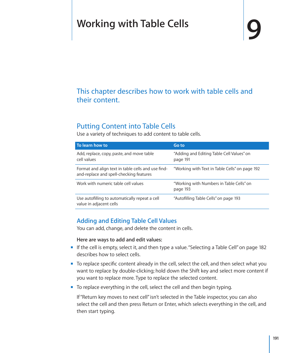 Chapter 9: working with table cells, Putting content into table cells, Adding and editing table cell values | Chapter 9: working with table cells, 191 putting content into table cells 191, Working with table cells | Apple Pages '09 User Manual | Page 191 / 279