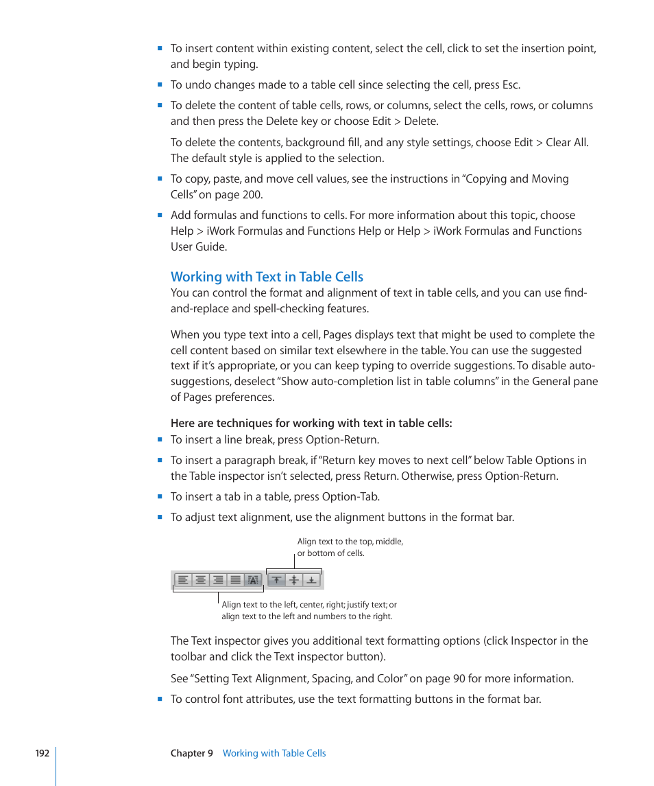 Working with text in table cells | Apple Pages '09 User Manual | Page 192 / 279