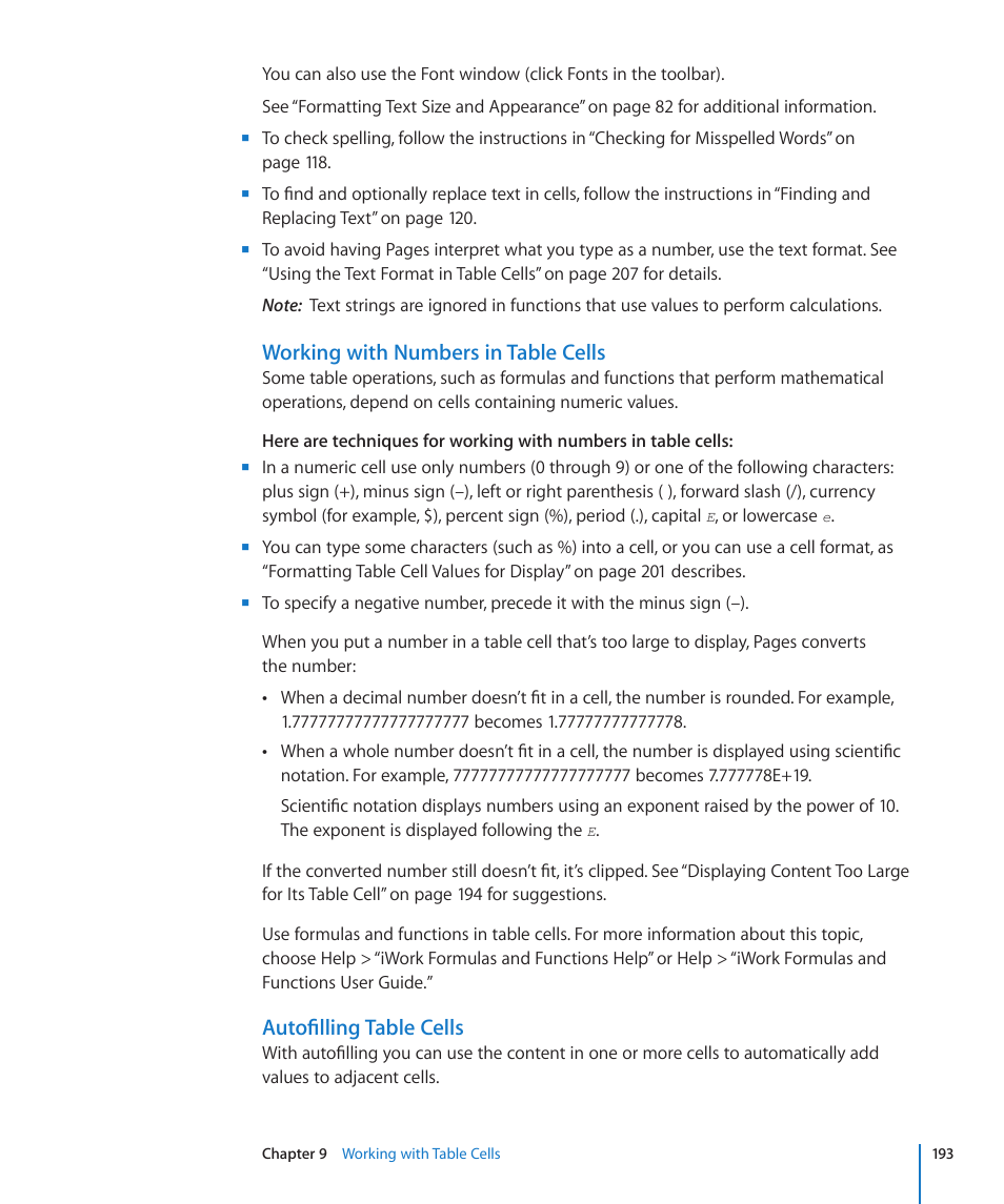 Working with numbers in table cells, Autofilling table cells | Apple Pages '09 User Manual | Page 193 / 279