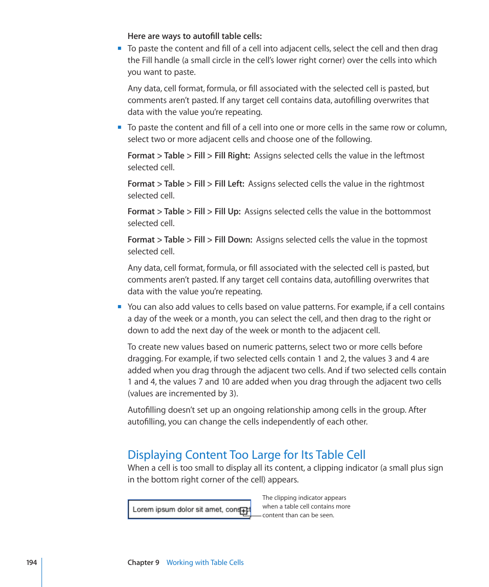 Displaying content too large for its table cell, 194 f | Apple Pages '09 User Manual | Page 194 / 279
