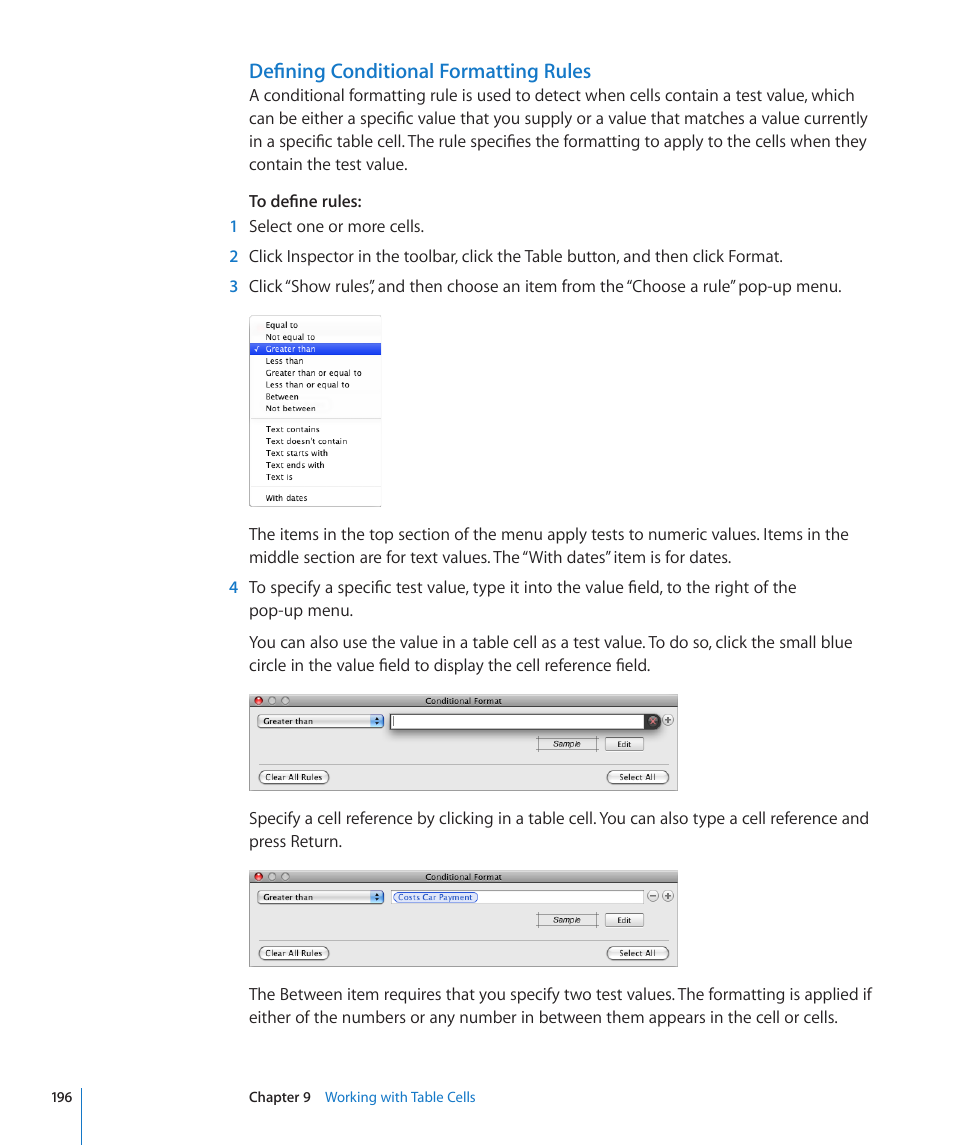 Defining conditional formatting rules | Apple Pages '09 User Manual | Page 196 / 279
